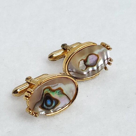 Vintage Abalone Cufflinks Gold Tone Oval Mother Of Pearl - Picture 2 of 7